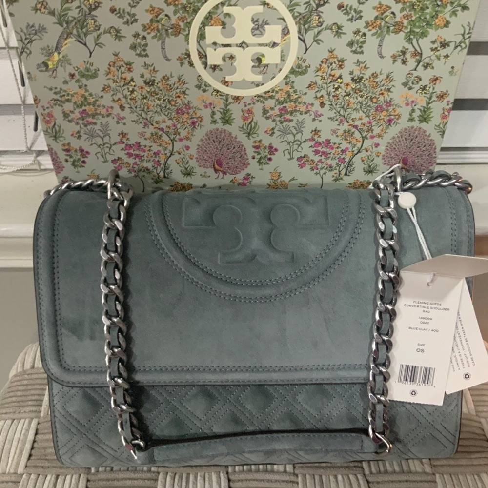 TORY BURCH FLEMING SUEDE CONVERTIBLE SHOULDER BAG BLUE CLAY STYLE 1390690922